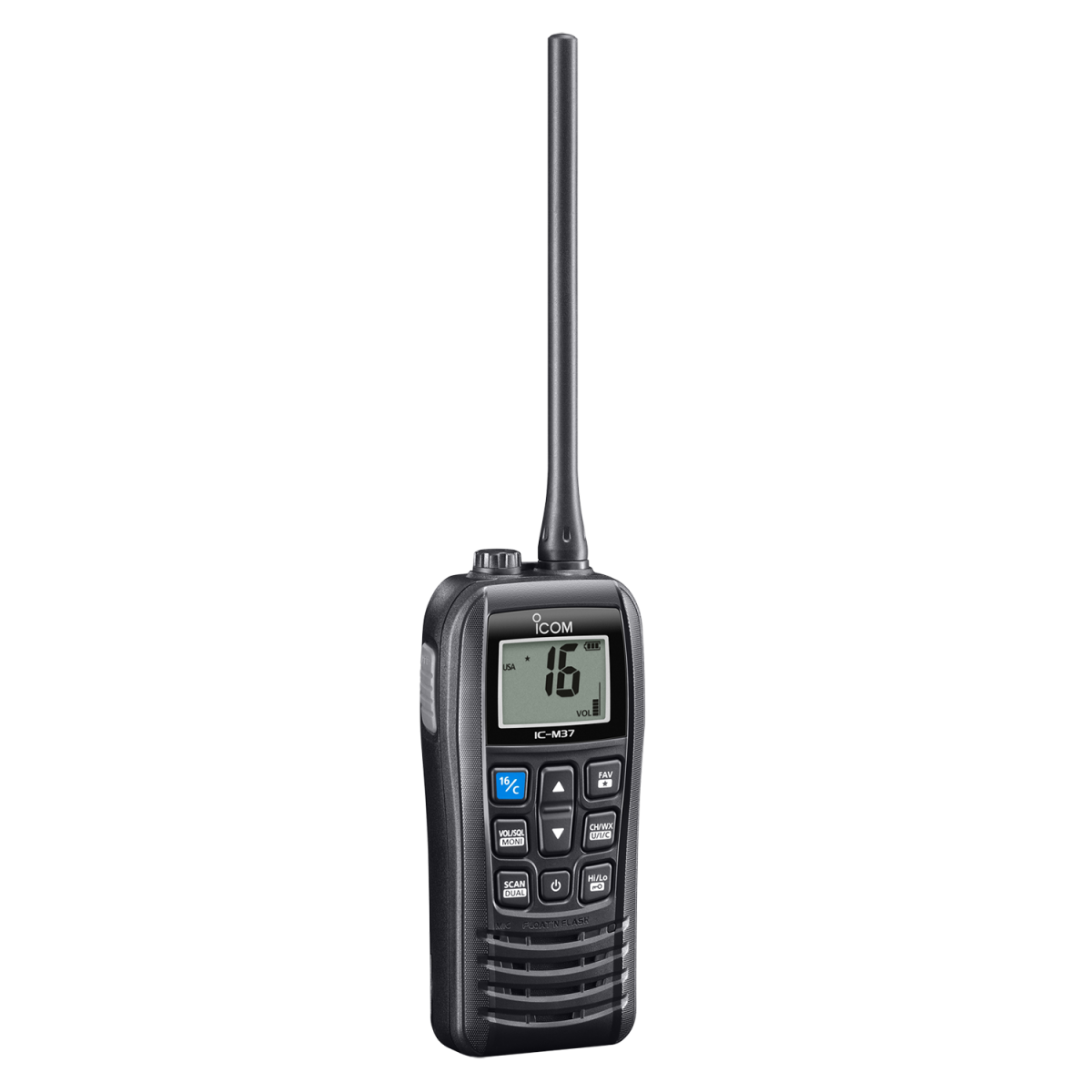 Máy bộ đàm hàng hải Icom IC-M37 – Hiệu suất mạnh mẽ, thiết kế chắc chắn cho môi trường biển Giới thiệu chung  Icom IC-M37 là dòng máy bộ đàm hàng hải VHF cầm tay được thiết kế chuyên dụng cho tàu cá, du thuyền, cano và các ứng dụng ngoài khơi. Kế thừa tinh hoa từ các thế hệ trước của Icom, IC-M37 mang đến công suất phát 6W mạnh mẽ, âm thanh rõ ràng, thời lượng pin dài cùng khả năng chống nước IP57, đảm bảo hoạt động bền bỉ trong mọi điều kiện thời tiết khắc nghiệt.  Đây là lựa chọn lý tưởng cho thuyền trưởng, nhân viên cảng vụ, đội cứu hộ hay ngư dân cần một thiết bị liên lạc ổn định, dễ sử dụng và đáng tin cậy.  Tính năng nổi bật của Icom IC-M37  Công suất phát 6W mạnh mẽ, giúp mở rộng phạm vi liên lạc và duy trì tín hiệu ổn định trong môi trường biển.  Âm thanh lớn và rõ ràng với loa công suất 700 mW, dễ nghe trong điều kiện gió mạnh hoặc tiếng động cơ lớn.  Float’n Flash™ – máy nổi và phát sáng khi rơi xuống nước, giúp dễ dàng tìm lại trong tình huống khẩn cấp.  Pin sạc Li-ion dung lượng cao BP-296 cho thời gian hoạt động liên tục lên đến 12 giờ.  Chuẩn chống nước và chống bụi IP57, đảm bảo độ bền khi sử dụng ngoài khơi hoặc trong môi trường ẩm ướt.  Thiết kế thân máy lớn, nút bấm to – thuận tiện thao tác ngay cả khi đeo găng tay.  Tính năng Dual/Tri-Watch cho phép giám sát kênh 16 (kênh khẩn cấp) cùng lúc với kênh hoạt động.  Dải tần Tx/Rx 156.000 – 163.425 MHz, tương thích với các kênh hàng hải quốc tế và kênh thời tiết NOAA (ở một số khu vực).  Ưu điểm vượt trội so với các dòng cùng phân khúc  Âm thanh cực kỳ mạnh mẽ Loa 700 mW của IC-M37 tái tạo âm thanh rõ nét, hạn chế nhiễu và giúp người dùng nghe rõ trong không gian ồn ào – điều mà nhiều thiết bị cầm tay nhỏ hơn khó đạt được.  Thời lượng pin dài, sạc linh hoạt Pin BP-296 cung cấp tới 12 giờ hoạt động, đáp ứng tốt cho cả ngày đi biển. Người dùng có thể sạc nhanh qua bộ sạc kèm theo hoặc sử dụng dock sạc tùy chọn BC-235 cho nhiều máy cùng lúc.  Dễ sử dụng và hiển thị trực quan Màn hình LCD lớn, rõ nét, hiển thị kênh và trạng thái pin. Các phím chức năng được bố trí khoa học, dễ thao tác chỉ bằng một tay.  Thiết kế chịu nước tối ưu cho môi trường biển Với khả năng chống nước IP57, máy vẫn hoạt động tốt sau khi ngâm nước trong 1 mét trong 30 phút – lý tưởng cho điều kiện ẩm, mưa hoặc sóng vỗ mạnh.  Tính năng nổi bật cho an toàn hàng hải Float’n Flash™ giúp máy vừa nổi, vừa phát sáng nhấp nháy khi rơi xuống nước – một cải tiến an toàn quan trọng giúp tránh mất thiết bị và tăng khả năng tìm lại.  Thông số kỹ thuật Icom IC-M37 Hạng mục	Thông số chi tiết Dải tần hoạt động	156.000 – 163.425 MHz Công suất phát	6W / 1W (tùy chọn) Loại máy	Bộ đàm hàng hải VHF cầm tay Công suất loa	700 mW (Internal Speaker) Nguồn điện	Pin Li-ion BP-296 (7.2V / 2350 mAh) Thời gian hoạt động	Khoảng 12 giờ Chuẩn chống nước	IP57 (ngâm sâu 1m trong 30 phút) Kích thước	59 × 140 × 38 mm Trọng lượng	Khoảng 330 g (bao gồm pin và anten) Chức năng nổi bật	Float’n Flash™, Dual/Tri-Watch, Scanning, Weather Alert (NOAA) Phụ kiện tiêu chuẩn	Anten FA-SC59V, Pin BP-296, Dock sạc BC-235, Adapter AC, Dây đeo tay, Hướng dẫn sử dụng Ứng dụng của Icom IC-M37  Icom IC-M37 được ứng dụng rộng rãi trong các lĩnh vực hàng hải và ven biển:  Tàu cá, du thuyền, cano du lịch: Liên lạc giữa các thuyền, giữa tàu và cảng vụ, đảm bảo an toàn khi ra khơi.  Đội cứu hộ, tuần tra ven biển: Giữ liên lạc ổn định trong môi trường khắc nghiệt, hỗ trợ công tác cứu hộ nhanh chóng.  Cảng vụ, khu neo đậu, trạm điều phối: Duy trì thông tin liên lạc giữa đội ngũ vận hành, kiểm soát tàu ra vào bến.  Các khu du lịch biển, hoạt động thể thao dưới nước: Giúp quản lý và điều hành đội ngũ nhân viên hiệu quả.  Lý do nên chọn Icom IC-M37  Thương hiệu Icom Nhật Bản uy tín, chuyên về thiết bị vô tuyến hàng hải.  Độ bền cao, hoạt động tin cậy trong điều kiện thời tiết khắc nghiệt.  Âm thanh mạnh, rõ, không nhiễu – giúp đảm bảo an toàn thông tin liên lạc.  Pin lâu, sạc dễ, thao tác nhanh – tối ưu cho người dùng thường xuyên di chuyển.  Giá thành hợp lý, bảo hành chính hãng, phụ kiện thay thế dễ tìm tại Việt Nam.  Kết luận  Máy bộ đàm Icom IC-M37 là giải pháp hoàn hảo cho các nhu cầu liên lạc trên biển, kết hợp giữa hiệu năng mạnh mẽ, độ bền cao và tính an toàn vượt trội. Với khả năng nổi khi rơi, chống nước IP57, công suất 6W và pin dùng suốt ngày dài, IC-M37 là người bạn đồng hành đáng tin cậy của mọi thủy thủ và ngư dân. Máy bộ đàm hàng hải Icom IC-M37 – Hiệu suất mạnh mẽ, thiết kế chắc chắn cho môi trường biển Giới thiệu chung  Icom IC-M37 là dòng máy bộ đàm hàng hải VHF cầm tay được thiết kế chuyên dụng cho tàu cá, du thuyền, cano và các ứng dụng ngoài khơi. Kế thừa tinh hoa từ các thế hệ trước của Icom, IC-M37 mang đến công suất phát 6W mạnh mẽ, âm thanh rõ ràng, thời lượng pin dài cùng khả năng chống nước IP57, đảm bảo hoạt động bền bỉ trong mọi điều kiện thời tiết khắc nghiệt.  Đây là lựa chọn lý tưởng cho thuyền trưởng, nhân viên cảng vụ, đội cứu hộ hay ngư dân cần một thiết bị liên lạc ổn định, dễ sử dụng và đáng tin cậy.  Tính năng nổi bật của Icom IC-M37  Công suất phát 6W mạnh mẽ, giúp mở rộng phạm vi liên lạc và duy trì tín hiệu ổn định trong môi trường biển.  Âm thanh lớn và rõ ràng với loa công suất 700 mW, dễ nghe trong điều kiện gió mạnh hoặc tiếng động cơ lớn.  Float’n Flash™ – máy nổi và phát sáng khi rơi xuống nước, giúp dễ dàng tìm lại trong tình huống khẩn cấp.  Pin sạc Li-ion dung lượng cao BP-296 cho thời gian hoạt động liên tục lên đến 12 giờ.  Chuẩn chống nước và chống bụi IP57, đảm bảo độ bền khi sử dụng ngoài khơi hoặc trong môi trường ẩm ướt.  Thiết kế thân máy lớn, nút bấm to – thuận tiện thao tác ngay cả khi đeo găng tay.  Tính năng Dual/Tri-Watch cho phép giám sát kênh 16 (kênh khẩn cấp) cùng lúc với kênh hoạt động.  Dải tần Tx/Rx 156.000 – 163.425 MHz, tương thích với các kênh hàng hải quốc tế và kênh thời tiết NOAA (ở một số khu vực).  Ưu điểm vượt trội so với các dòng cùng phân khúc  Âm thanh cực kỳ mạnh mẽ Loa 700 mW của IC-M37 tái tạo âm thanh rõ nét, hạn chế nhiễu và giúp người dùng nghe rõ trong không gian ồn ào – điều mà nhiều thiết bị cầm tay nhỏ hơn khó đạt được.  Thời lượng pin dài, sạc linh hoạt Pin BP-296 cung cấp tới 12 giờ hoạt động, đáp ứng tốt cho cả ngày đi biển. Người dùng có thể sạc nhanh qua bộ sạc kèm theo hoặc sử dụng dock sạc tùy chọn BC-235 cho nhiều máy cùng lúc.  Dễ sử dụng và hiển thị trực quan Màn hình LCD lớn, rõ nét, hiển thị kênh và trạng thái pin. Các phím chức năng được bố trí khoa học, dễ thao tác chỉ bằng một tay.  Thiết kế chịu nước tối ưu cho môi trường biển Với khả năng chống nước IP57, máy vẫn hoạt động tốt sau khi ngâm nước trong 1 mét trong 30 phút – lý tưởng cho điều kiện ẩm, mưa hoặc sóng vỗ mạnh.  Tính năng nổi bật cho an toàn hàng hải Float’n Flash™ giúp máy vừa nổi, vừa phát sáng nhấp nháy khi rơi xuống nước – một cải tiến an toàn quan trọng giúp tránh mất thiết bị và tăng khả năng tìm lại.  Thông số kỹ thuật Icom IC-M37 Hạng mục	Thông số chi tiết Dải tần hoạt động	156.000 – 163.425 MHz Công suất phát	6W / 1W (tùy chọn) Loại máy	Bộ đàm hàng hải VHF cầm tay Công suất loa	700 mW (Internal Speaker) Nguồn điện	Pin Li-ion BP-296 (7.2V / 2350 mAh) Thời gian hoạt động	Khoảng 12 giờ Chuẩn chống nước	IP57 (ngâm sâu 1m trong 30 phút) Kích thước	59 × 140 × 38 mm Trọng lượng	Khoảng 330 g (bao gồm pin và anten) Chức năng nổi bật	Float’n Flash™, Dual/Tri-Watch, Scanning, Weather Alert (NOAA) Phụ kiện tiêu chuẩn	Anten FA-SC59V, Pin BP-296, Dock sạc BC-235, Adapter AC, Dây đeo tay, Hướng dẫn sử dụng Ứng dụng của Icom IC-M37  Icom IC-M37 được ứng dụng rộng rãi trong các lĩnh vực hàng hải và ven biển:  Tàu cá, du thuyền, cano du lịch: Liên lạc giữa các thuyền, giữa tàu và cảng vụ, đảm bảo an toàn khi ra khơi.  Đội cứu hộ, tuần tra ven biển: Giữ liên lạc ổn định trong môi trường khắc nghiệt, hỗ trợ công tác cứu hộ nhanh chóng.  Cảng vụ, khu neo đậu, trạm điều phối: Duy trì thông tin liên lạc giữa đội ngũ vận hành, kiểm soát tàu ra vào bến.  Các khu du lịch biển, hoạt động thể thao dưới nước: Giúp quản lý và điều hành đội ngũ nhân viên hiệu quả.  Lý do nên chọn Icom IC-M37  Thương hiệu Icom Nhật Bản uy tín, chuyên về thiết bị vô tuyến hàng hải.  Độ bền cao, hoạt động tin cậy trong điều kiện thời tiết khắc nghiệt.  Âm thanh mạnh, rõ, không nhiễu – giúp đảm bảo an toàn thông tin liên lạc.  Pin lâu, sạc dễ, thao tác nhanh – tối ưu cho người dùng thường xuyên di chuyển.  Giá thành hợp lý, bảo hành chính hãng, phụ kiện thay thế dễ tìm tại Việt Nam.  Kết luận  Máy bộ đàm Icom IC-M37 là giải pháp hoàn hảo cho các nhu cầu liên lạc trên biển, kết hợp giữa hiệu năng mạnh mẽ, độ bền cao và tính an toàn vượt trội. Với khả năng nổi khi rơi, chống nước IP57, công suất 6W và pin dùng suốt ngày dài, IC-M37 là người bạn đồng hành đáng tin cậy của mọi thủy thủ và ngư dân.